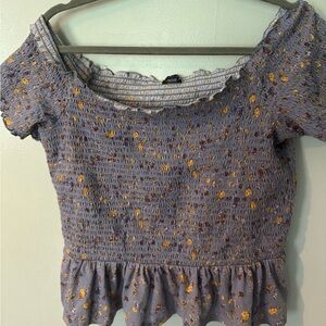 American Eagle blue purple floral smocked off shoulder crop ruffle tube top